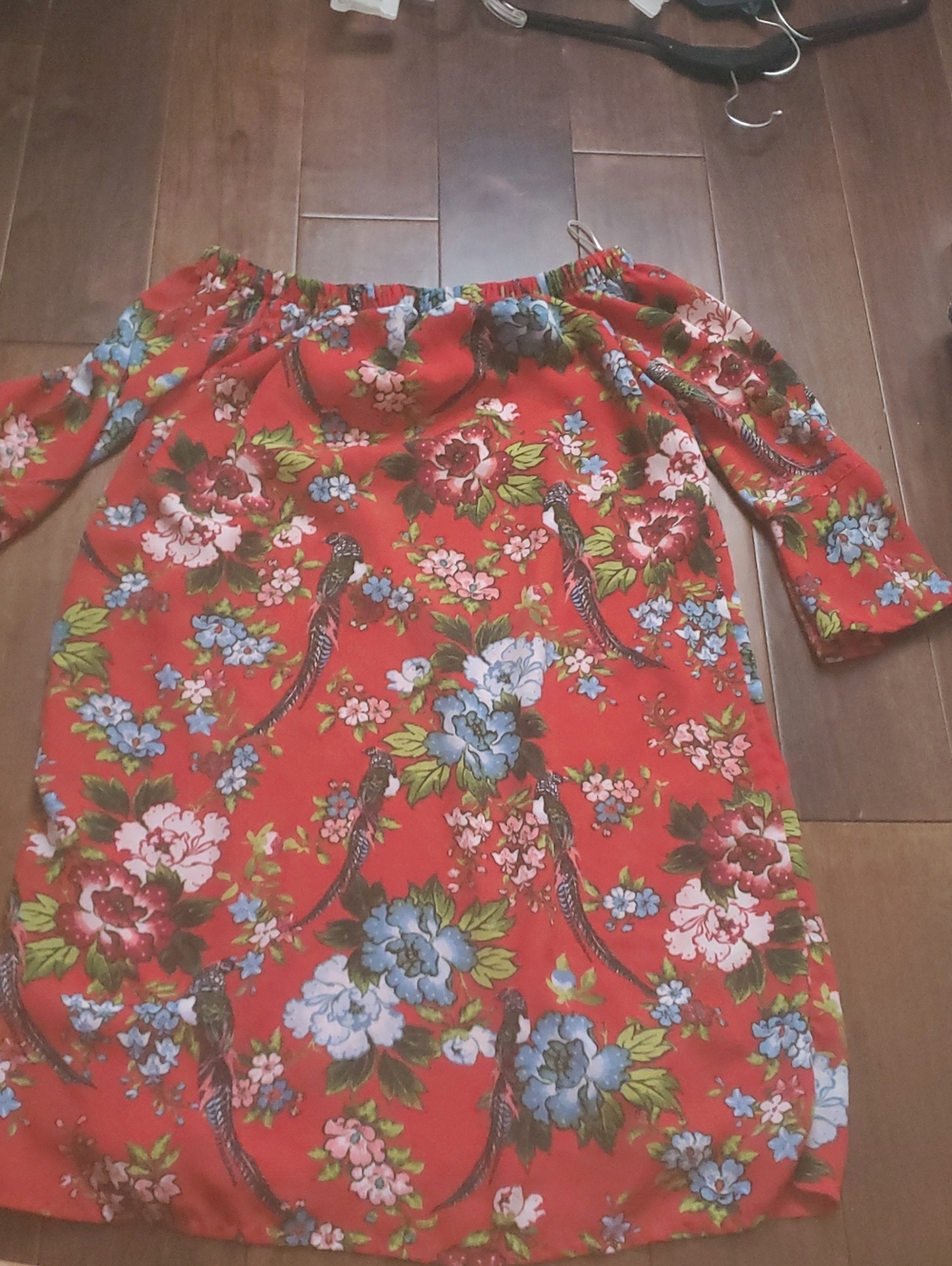 City Streets Red Floral Off-Shoulder Dress with Bird Print Size Small